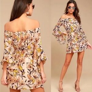 Lulu's Blushing Blooms Off Shoulder Bell Sleeve Mini Dress